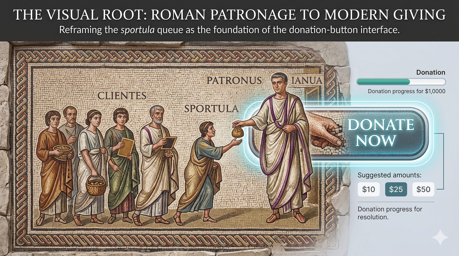 Roman mosaic of clients queuing at a patron's door for sportula, reframed as the visual root of the modern online donation button.