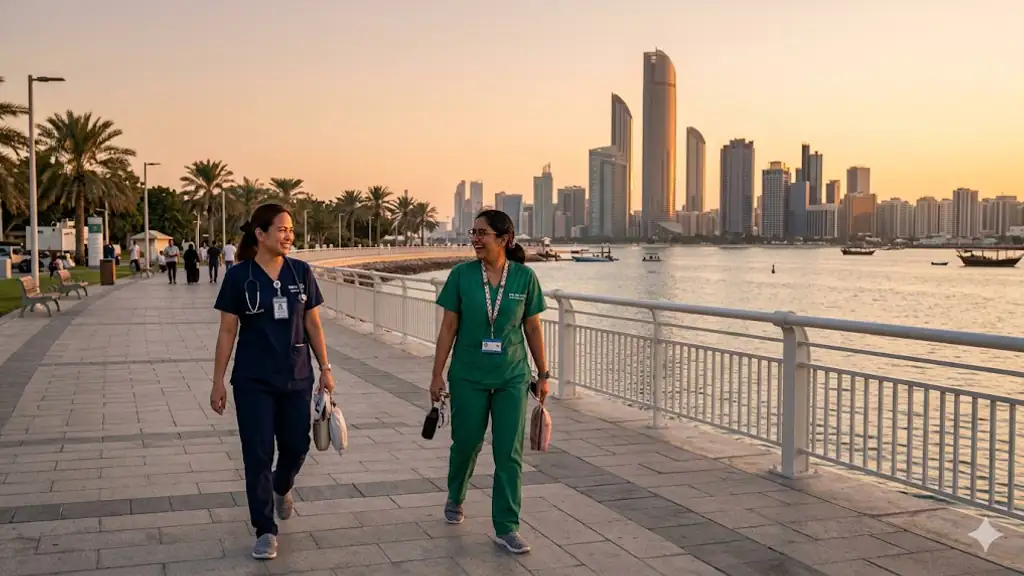 Two healthcare workers in scrubs walking the Abu Dhabi Corniche at golden hour, skyline behind.