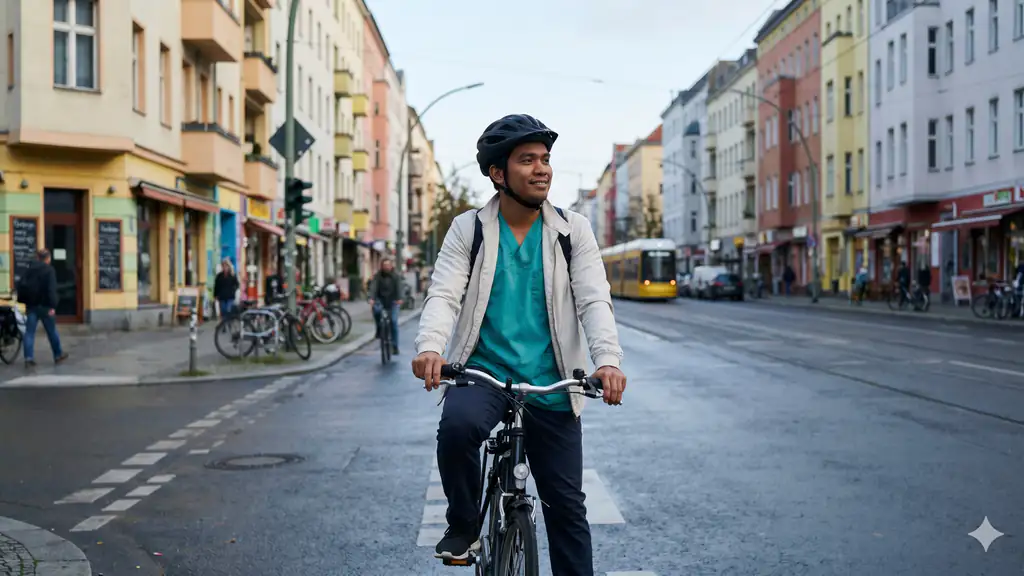A Filipino healthcare worker pausing on his bicycle commute through Neukölln in early Berlin morning light.