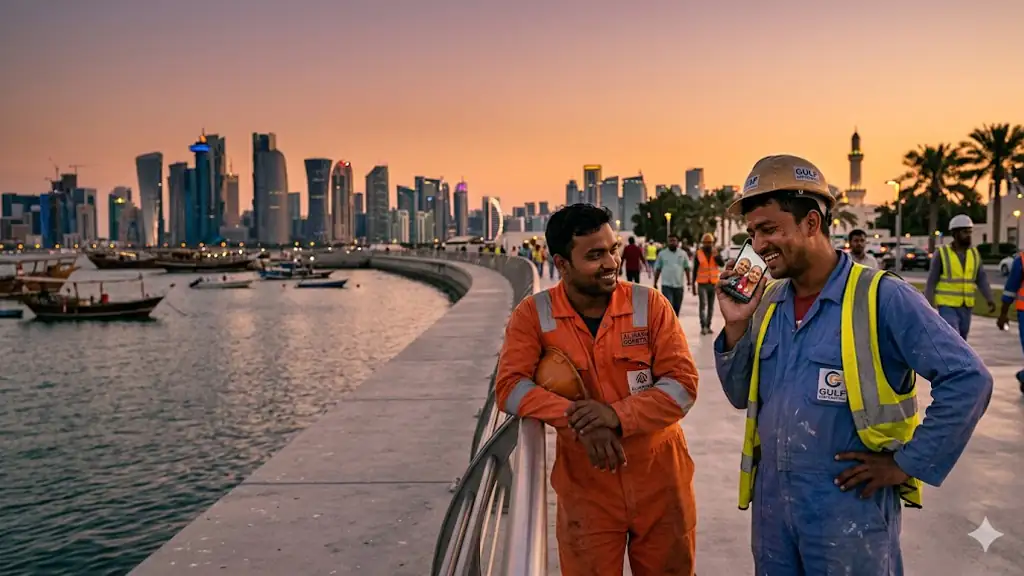 Two Gulf workers on the Doha West Bay walkway at dusk, one on a video call home.