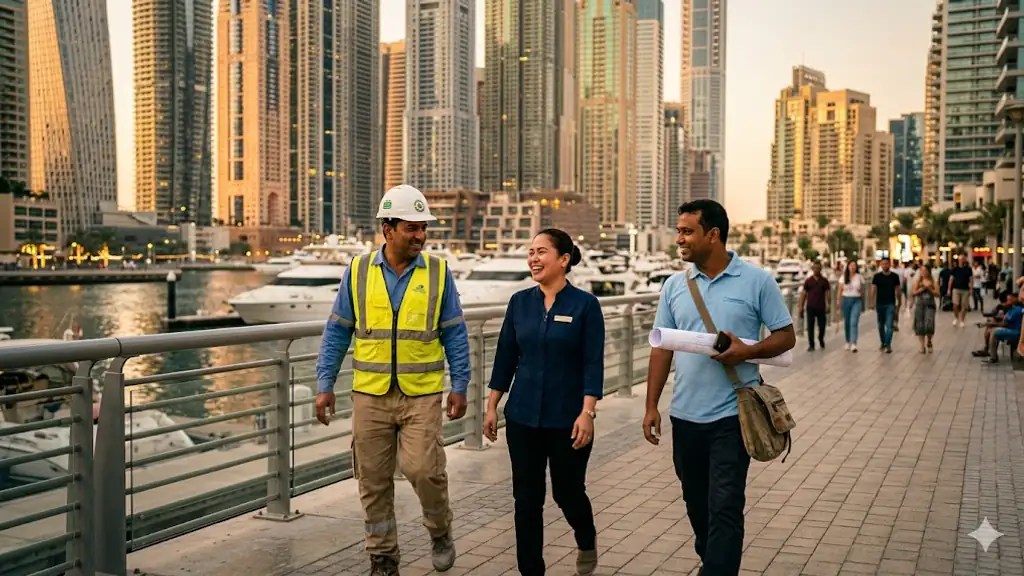 Three workers — South Asian and Filipino — walking together along Dubai Marina at golden hour after a shift.