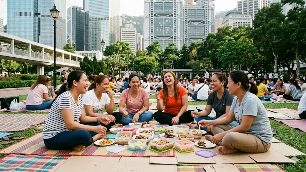 Filipina domestic workers gathered for Sunday picnic in Statue Square, Hong Kong skyline behind.