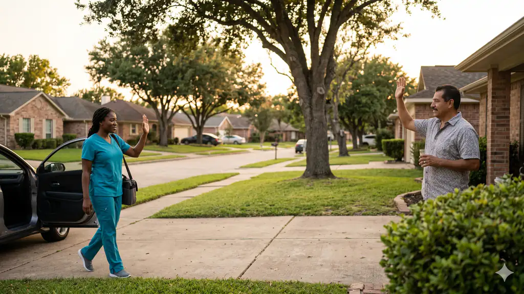 A Nigerian-American healthcare worker arriving home in suburban Houston at golden hour, neighbor waving from his porch.