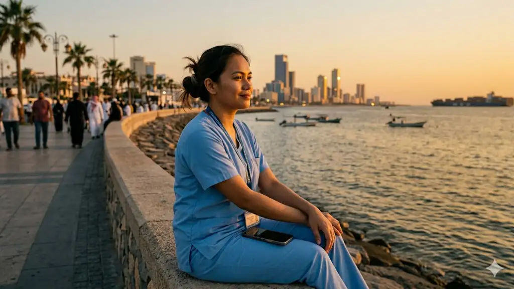 A Filipina nurse on a quiet break along Jeddah's Red Sea Corniche at dusk.