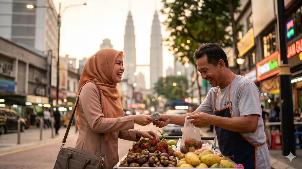 An Indonesian migrant worker buying fruit from a Bukit Bintang street vendor at dusk, Petronas Towers behind.