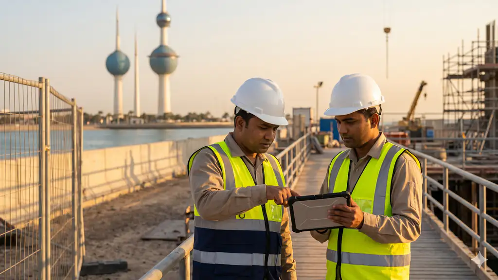 Two construction supervisors reviewing site plans on a tablet near the Kuwait Towers at golden hour.