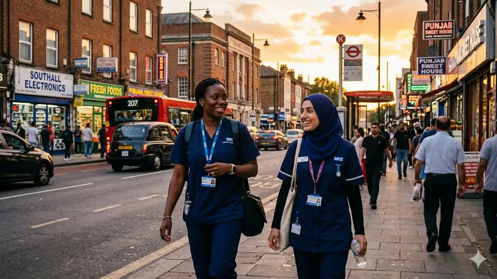Two NHS nurses leaving end of shift on Southall high street, west London.