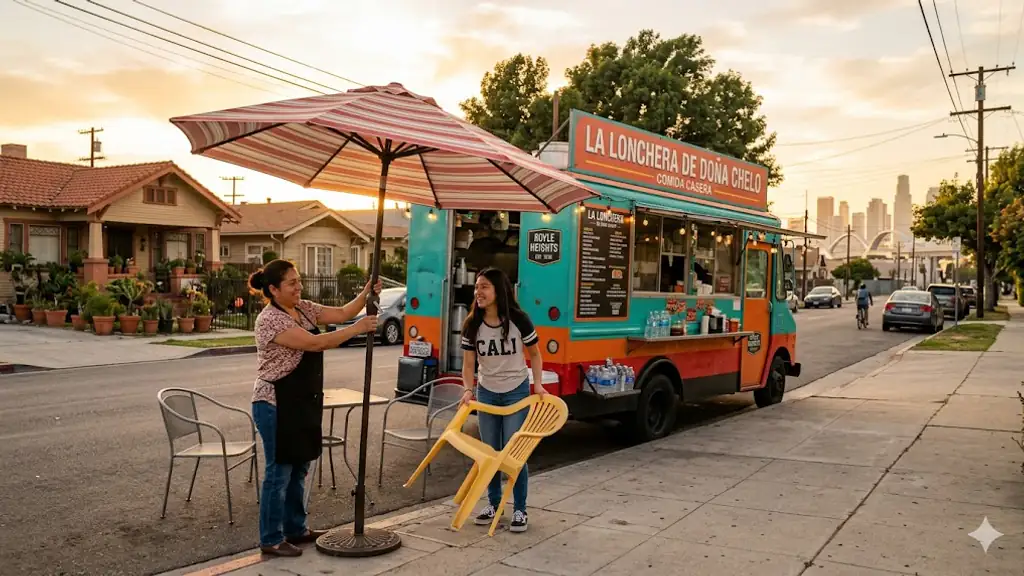 A Mexican-American mother and her teenage daughter setting up the family lonchería in Boyle Heights at golden hour.