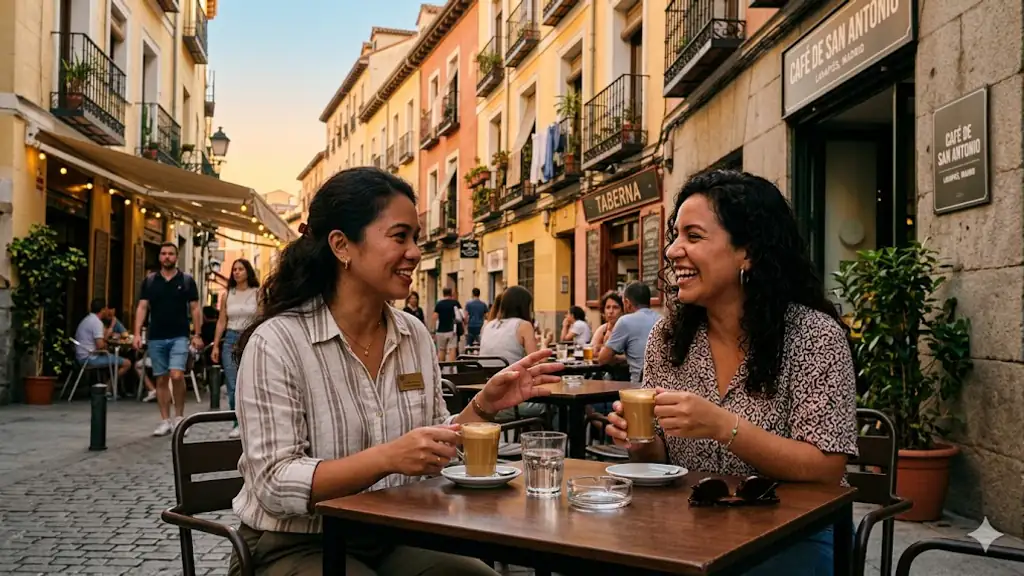Two friends on a Lavapiés cafe terrace at dusk, sharing cortados and easy conversation.