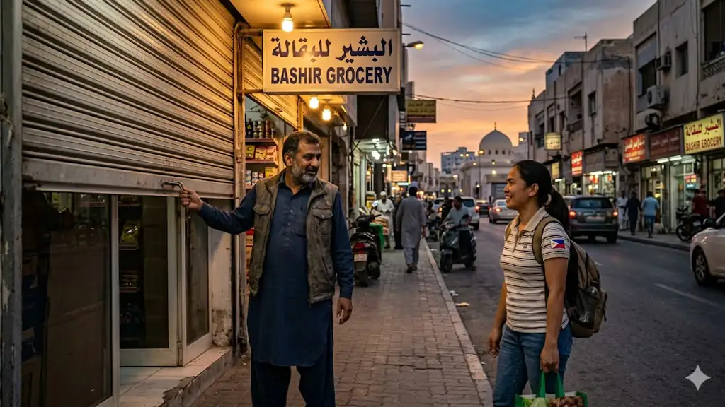 A Pakistani shopkeeper closing his Manama souq shop at dusk; a Filipina friend pauses to chat.