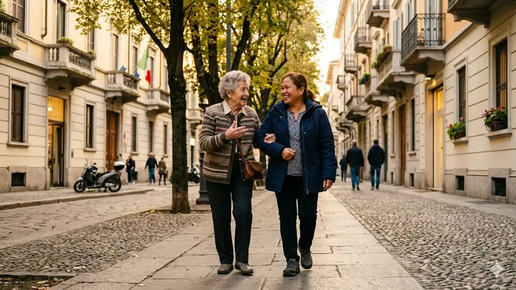 A Filipina caregiver and an elderly Italian woman walking arm-in-arm down a Milanese tree-lined street.