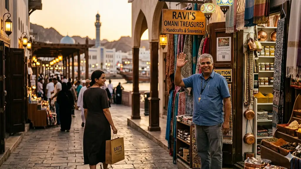 An Indian small-business owner waving farewell to a customer outside his Muttrah souq shop at golden hour.