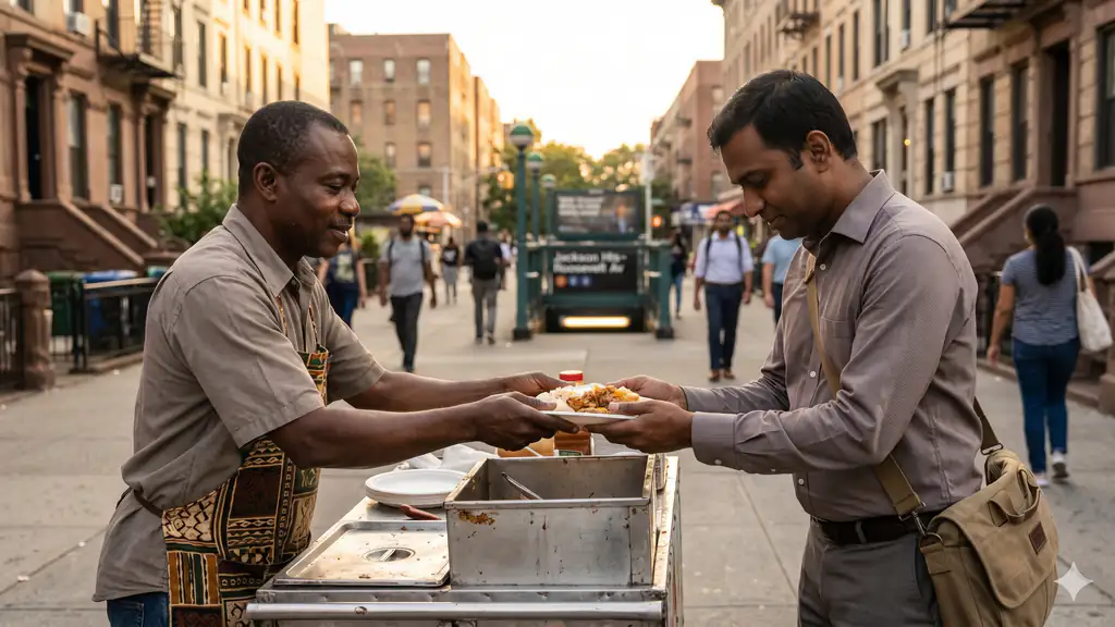 A Ghanaian street-food vendor handing food to an Indian commuter under the Jackson Heights elevated train.