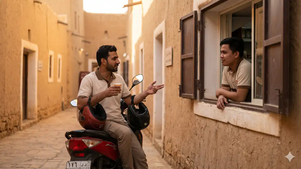 A Pakistani delivery rider chatting with a Filipino convenience-store cashier on a Diriyah Old Town street at dusk.