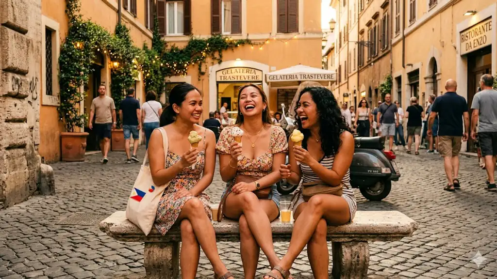 Three Filipina friends sharing gelato in Trastevere at golden hour, Roman piazza behind.