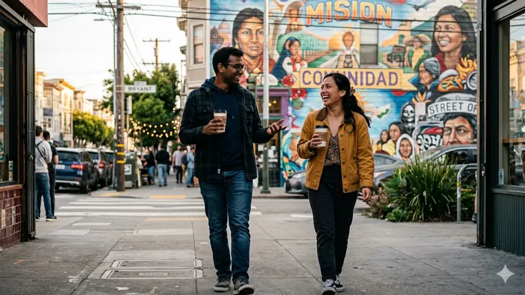 Two friends — Indian engineer, Filipina friend — walking through the Mission District with a community mural behind.
