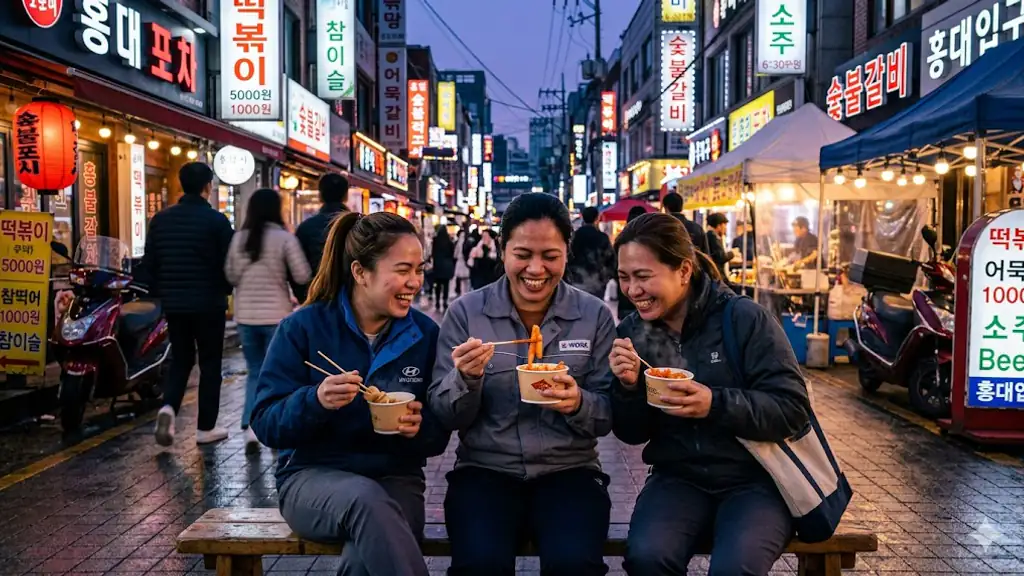 Three Filipina factory workers on break with street-food cups in Hongdae's neon-lit alley at blue hour.