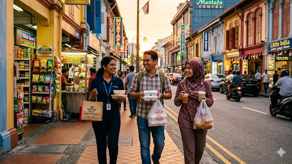 Three multicultural coworkers walking through Little India at dusk, takeaway hawker bags in hand.