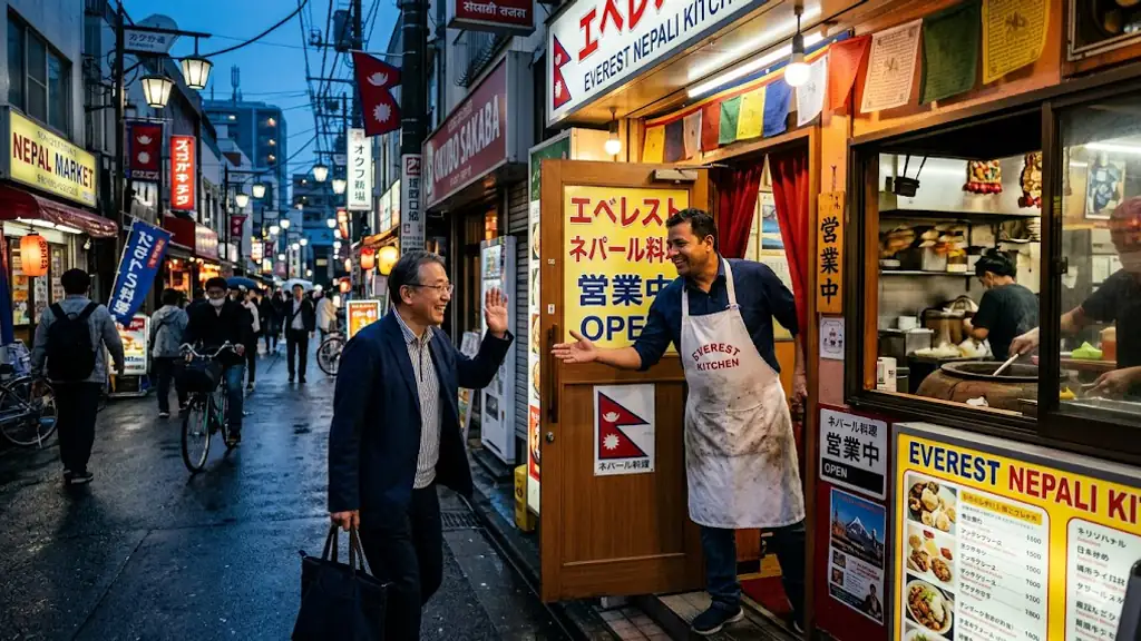 A Nepali restaurant cook leaning out his Shin-Okubo doorway, calling warmly to a Japanese regular at dusk.