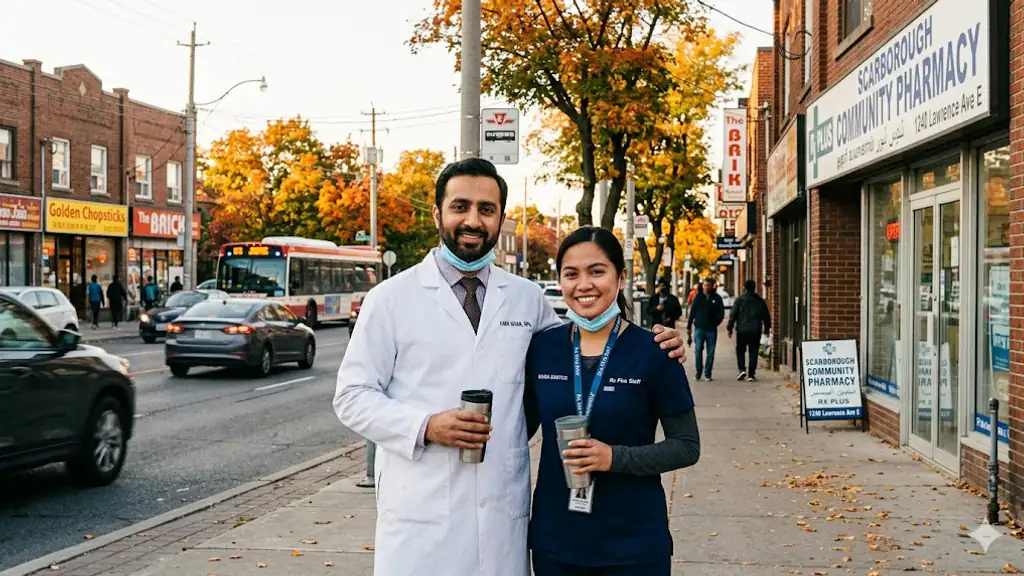 Two pharmacy coworkers at a Scarborough shift change in autumn light — Pakistani pharmacist and Filipina coworker.