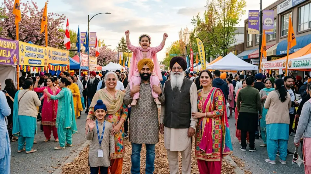 A multi-generational Punjabi family at the Surrey Vaisakhi street festival, child laughing on a parent's shoulders.
